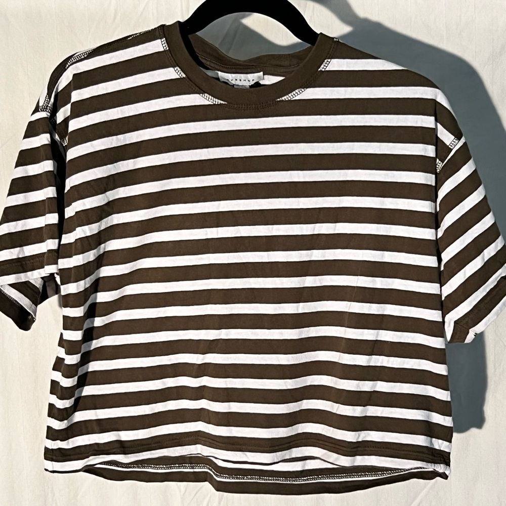 Topshop size 0-2 crop top T-shirt with dark olive stripes